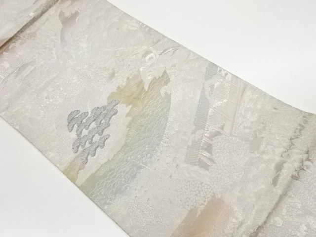 リサイクル　二重箔錦山並みに寺院・樹木模様織出し袋帯